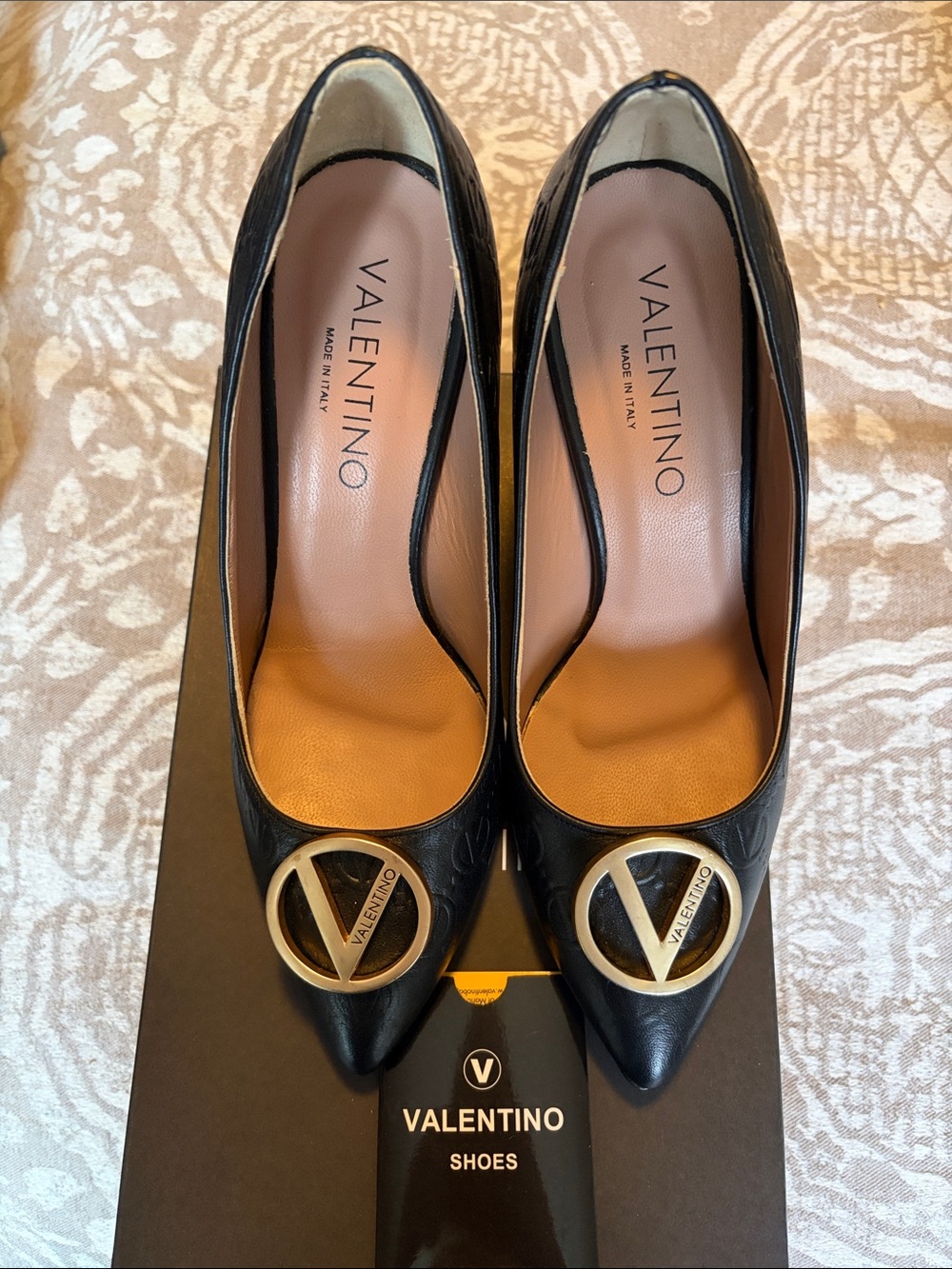 Valentino Black Leather Pointed Toe Pumps with Gold V Emblem size 8